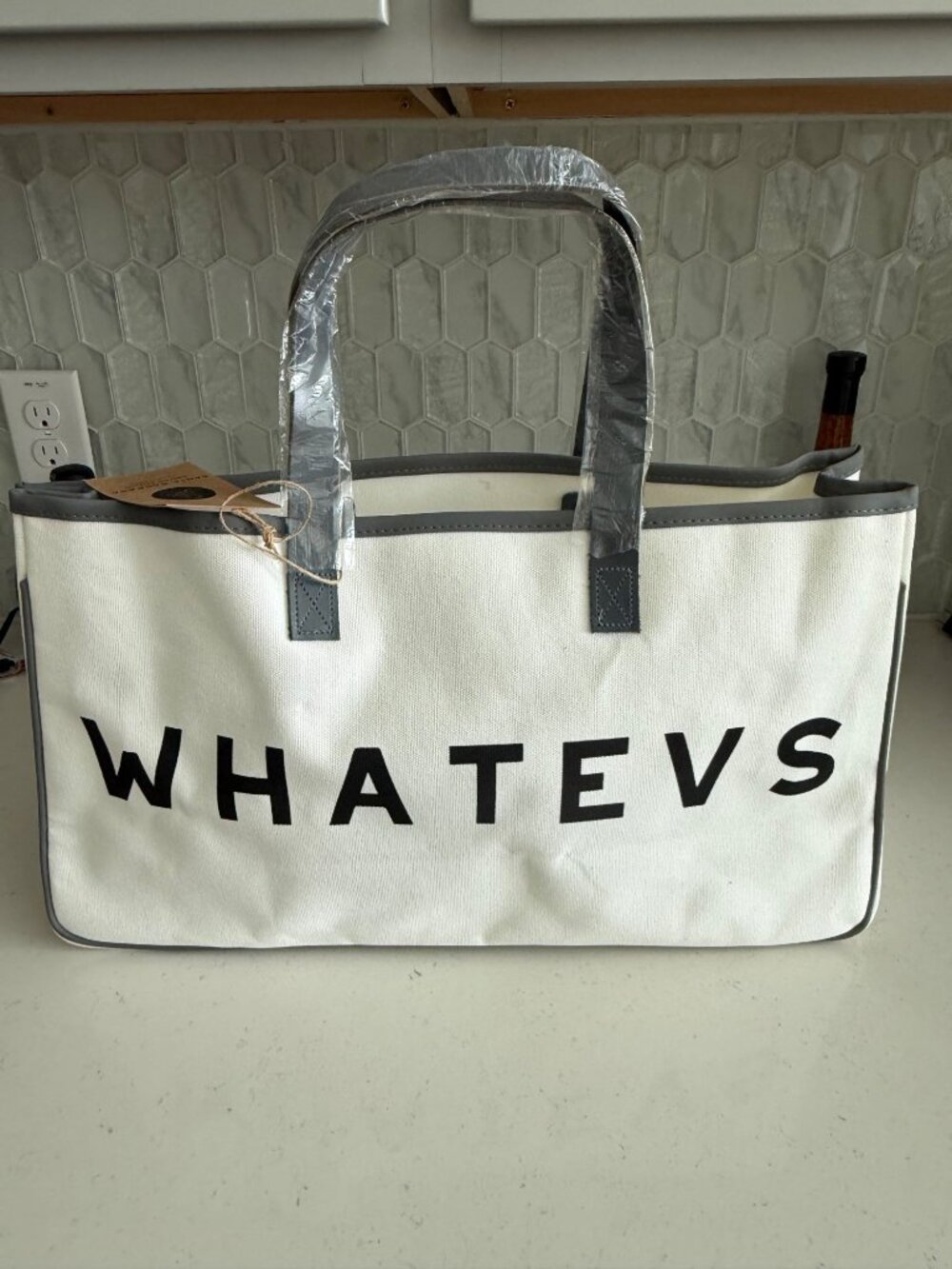 Santa Barbara Design Studio "Whatevs" Canvas Tote Bag 20" X 11" X 6" White & Gra